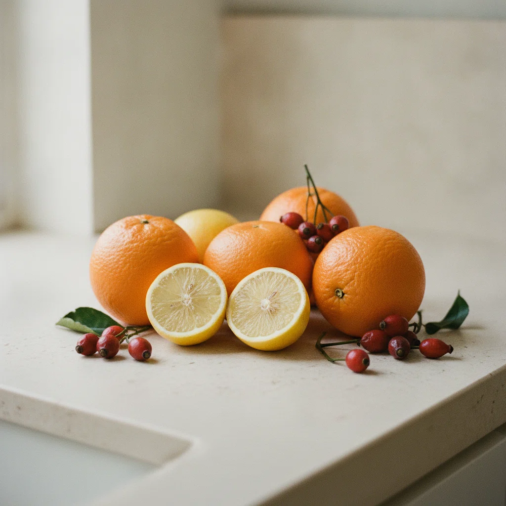 Fresh oranges, lemons and rosehips arranged on a light stone kitchen bench