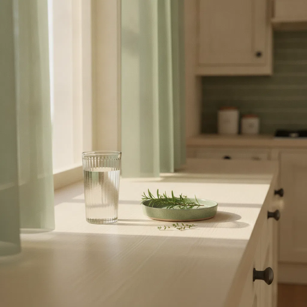 A bright kitchen windowsill with a glass of water, a small ceramic dish and fresh herbs in morning light